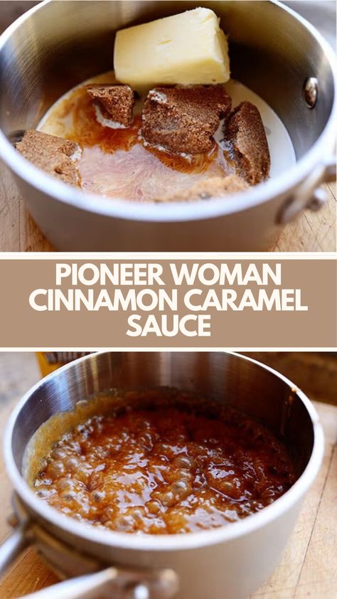 Pioneer Woman Cinnamon Caramel Sauce is made with brown sugar, butter, half-and-half or cream, vanilla, cinnamon, and a pinch of salt. This easy cinnamon caramel sauce recipe creates a delicious dessert topping that takes about 10 minutes to prepare and can serve up to 8 people. Pioneer Woman Caramel Sauce, Caramel Sauce With Half And Half, Cinnamon Caramel Sauce, Pioneer Woman Recipes Desserts, Cinnamon Sauce Recipe, Brown Sugar Caramel Sauce, Pioneer Woman Desserts, Pioneer Kitchen, Cinnamon Sauce