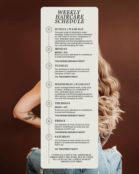 If you don’t know where to start, use this schedule as a guide for long & healthy hair 🫶🏼 If you’re not obsessed with your current Haircare routine, Dm me “hair help” for a hair consult & discounts! ✨ #healthyhairtricks #fixdamagedhair #healthyhairtips #hairgrowthserum #hairgrowthoil #antiagingproduct #hairoilforgrowth #blondehair #antiaginghaircare Hair Care Schedule, Brushed Out Curls, Haircare Routine, Long Healthy Hair, Detangler Spray, Scalp Scrub, Scalp Oil, Hair Growth Serum, Healthy Hair Tips