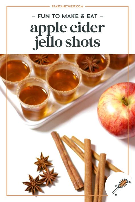 Apple Cider Jello Shots with Bourbon will be the star of any holiday party. Make spiced bourbon and mix with apple Cider, sugar and gelatin. Fireball Cider Jello Shots, Fall Jello Shots, Apple Cider Jello Shots, Cider Jello Shots, Thanksgiving Jello, Frozen Drinks Alcohol, Bourbon Apple Cider, Apple Cider Cocktail, Gourmet Apples