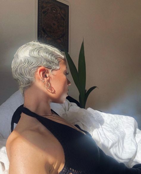 Shaved Head Styles, Finger Waves Short Hair, Platinum Pixie, Buzz Cut Hairstyles, Finger Wave Hair, My Escape, Finger Waves, Center Of Attention, Platinum Hair