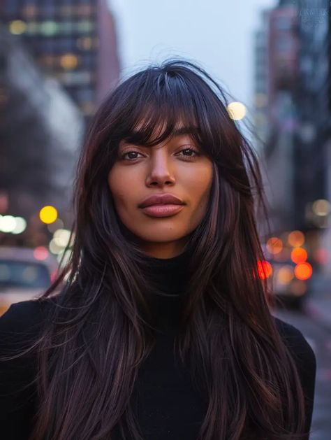 Top 59 Weave Bangs Hairstyles: Bold, Curly, and Quick Styles for Every Face Shape and Hair Type Bangs With Face Shape, Face Framing Bangs Shoulder Length, Natural Hair With Bangs Black Women, Black Hairstyles Bangs, Fringe Bangs Black Women, Weave Bangs, Long Black Hair With Bangs, Black Women With Bangs, Quick Styles