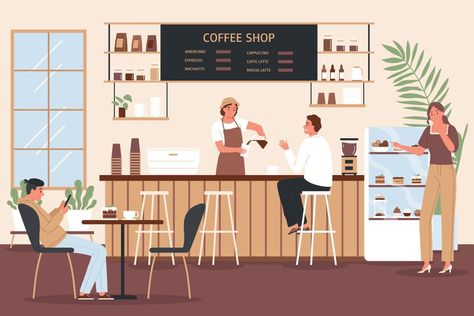 Coffee Shop Cartoon, Cafe Animation, Coffee Shop Interior, Interior Design Sketchbook, Coffee Shop Branding, Factory Interior, Character Styles, Kids Cafe, Hotel Marketing