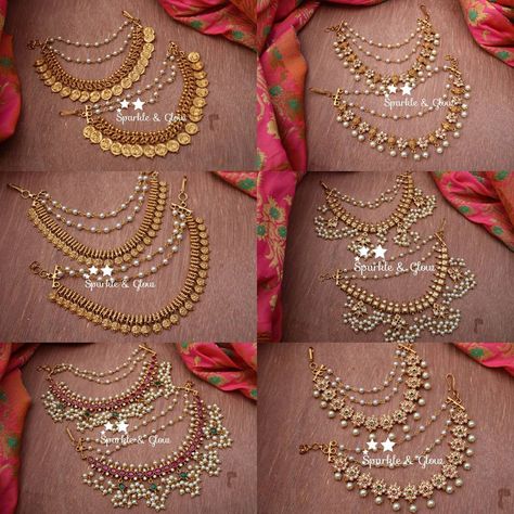 Ear Mattal Gold, Gold Ear Chain Designs, Ear Matilu Gold, Ear Chain Designs, Indian Jewelry Sets Gold, Ear Chains Indian Gold, Jhumka With Ear Chain, Champaswaralu Designs Gold, Gold Earrings Designs For Wedding