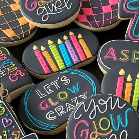 Esther C on Instagram: "Let’s glow crazy!  What a fun theme to decorate.   #glowcookies #letsglowcrazycookies #youglowgirl #letsglowcrazy #birthdaycookies  #cookies #cookiesofinstagram #cookiedecorating #cookieart #cookielove #sugarcookies #decoratedsugarcookies #celebratewithcookies #azcookies #casagrandecookies #casagrandecookier #cookiesofcasagrande #sweetlybakedforyou" Neon Birthday Cookies Decorated, Glow Cookies Decorated, Glow In The Dark Cookies Decorated, Glow Party Cookies Decorated, Neon Party Cookies, Glow In The Dark Cookies, Glow Party Cookies, Glow Cookies, Neon Cookies