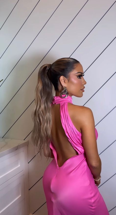 Long slick back hair Slick Ponytail Homecoming, Slicked Back High Ponytail Prom, Hoco Slick Ponytail, Slick Ponytail Formal, Slick Pony With Curls, Slicked Back Ponytail Curled, Prom Hairstyles Slick Back Ponytail, Slick Back Poney, Slick Pony Tailed Hairstyle