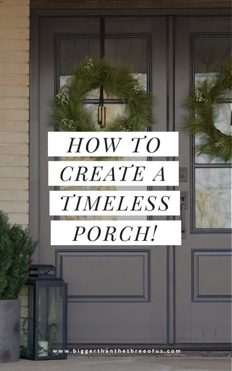 See this Front Porch Makeover including door upgrade, home decor ideas for the front porch, installing a new doorbell, etc! #frontporch #coveredfrontporch Huge Front Porch Decorating Ideas, Decorative Porch Ideas, Decorating A Large Front Porch, Grand Porch Entrance, Transitional Front Porch Ideas, Black House Front Porch Decor, Front Porch With Portico, Front Porch Update Diy, 2 Front Doors On House