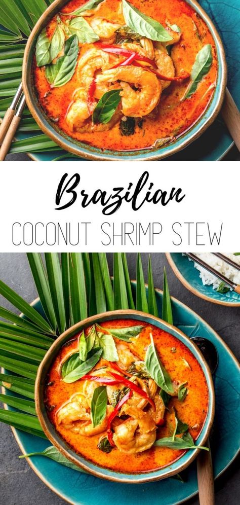 This easy Brazilian Shrimp with Coconut Milk (Moqueca) features fresh cilantro, tomatoes, chili, and bright lime juice. A low carb and paleo shrimp stew recipe with the perfect amount of heat and tropical flavor! Serve with rice or cauliflower rice. #paleorecipes #lowcarbrecipes #curry #shrimp #stew Chicken Cocktail Recipes, Spicy Brazilian Coconut Shrimp Soup, Brazilian Shrimp Stew, Homemade Coconut Shrimp, Tropical Meals, Shrimp With Coconut Milk, Moqueca Recipe, Brazilian Shrimp, Shrimp Coconut Milk