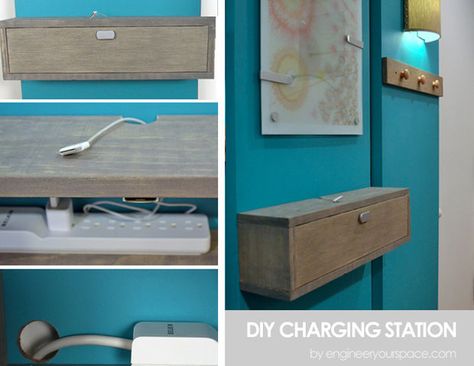 Wall Mounted Charging Station Shelf. I might try something like this using an existing vintage box? Charging Station Shelf, Phone Charging Stations, Phone Docking Station, Diy Rangement, Charger Station, Charging Stations, Phone Organization, Wall Mounted Tv, Phone Charging