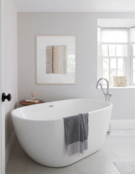 Free Standing Tub In Corner, Freestanding Tub In Corner, Refresh Bathroom, Bedroom Ensuite, Stand Alone Tub, Grey Floor Tiles, Sophisticated Bathroom, Tudor Style Homes, Corner Tub