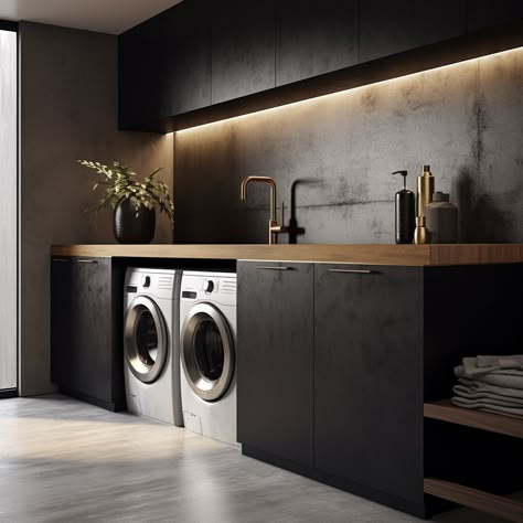 Laundry Room Wall Paint, Moody Laundry Room, Black Laundry Room, Room Wall Paint, Elegant Laundry Room, White Laundry Room, Contemporary Laundry Room, Black Laundry, White Laundry Rooms