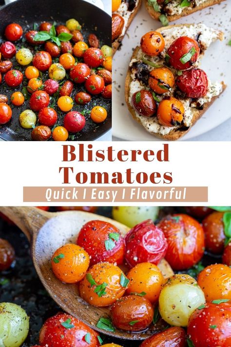 Blistered tomatoes are cherry or grape tomatoes coated in garlic and olive oil, then sautéed until they're juicy and bursting with flavor. Sautéed cherry tomatoes are quick and easy to cook and make a great side dish or topping for pasta and more! Sauteed Tomatoes Recipes, Sauteed Cherry Tomatoes, Sautéed Tomatoes, Grape Tomato Recipes, Blistered Cherry Tomatoes, Pizza Side Dishes, Gut Protocol, Dips Appetizers, Blistered Tomatoes