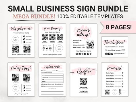 "Introducing our craft show signage bundle that includes various templates such as an order form template, price list template, thank you card template, wifi QR code password template, and other small business sign templates. Additionally, our digital download includes convenient features like scan-to-pay functionality and the ability to easily connect with us on social media. Download the digital file and improve your business experience, making this printable business sign bundle a valuable to Wifi Qr Code, Template Price List, Scan To Pay Sign, Thank You Note Template, Template Craft, Canva Etsy, Scan To Pay, Small Business Signs, Business Printables