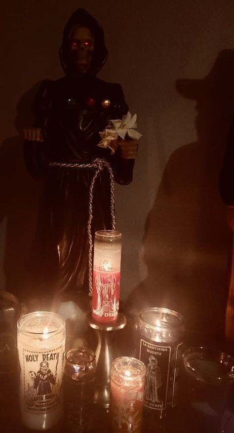 Santa Muerte Altar, Santa Muerte Prayer, Witches Altar, Mixtape Cover, Divine Mother, Black Santa, Pretty Photos, Magic Spells, Night Aesthetic