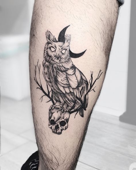 Skeleton Owl Tattoo, Spooky Owl Tattoo, Gothic Owl Tattoo, Gothic Animal Tattoo, Owl Tattoo Thigh, Screech Owl Tattoo, Dark Owl Tattoo, Night Owl Tattoo, Skin Artwork