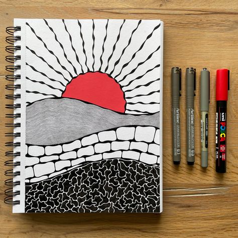 Zwart-wit tekening van heuvels opgevuld met verschillende patronen, en een rode zon die ondergaat achter de bergen Red And Black Drawings Easy, Black Drawings Easy, Red And Black Drawings, Landscape Easy Drawing, Landscape Drawing Easy, Mandala Drawings, Small Drawing, Pen Art Work, 2024 Ideas