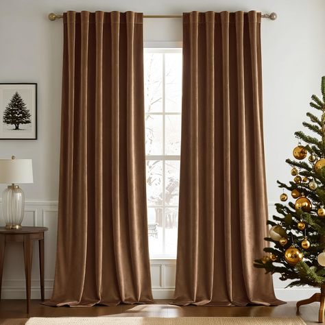 PRICES MAY VARY. WELL MADE: Package includes 2 panels high-quality velvet curtains. Each curtain panel measures 52 inches wide and 102 inches long. They can be easily matched with different decoration themes to give your room a modern and elegant style. HANGING OPTIONS: Each curtain panel features a 2-in-1 top style design: BACK TAB and ROD POCKET. With 3-inch inner diameter pocket opening, velvet curtains fit most standard rod. And they can also be hung with clip rings. 3 ways to meet your vari Bedroom With Brown Curtains, Living Room Decor Windows, Cognac Curtains, Satin Curtains Bedroom, French Bedroom Curtains, Brown Velvet Curtains Bedroom, Light Brown Curtains Living Room, Burgundy Curtains Bedroom, Vintage Style Curtains