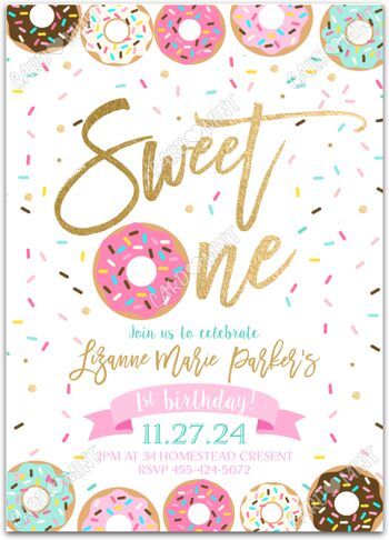 Digital Center | Cardmint Sweet One First Birthday, Up Birthday Party, Baby First Birthday Themes, Donut Birthday Parties, 1st Birthday Themes, 2nd Birthday Invitations, Girl Birthday Themes, First Birthday Party Themes, First Birthday Themes