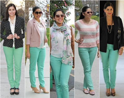 Aqua Outfits For Women, Mint Green Pants Outfit, Mint Pants Outfit, Menta Color, Pastel Office, Outfit Verde, Casual Easter Outfit, Aqua Outfit, Mint Green Pants