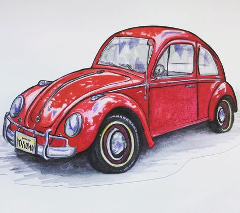 A4 paper format, watercolor painting. #car #brouk #red #watercolor #škoda #auto #artwork #art #painting Step Drawing, Car Drawings, Red Car, Vw Beetle, A4 Paper, Car Painting, Step By Step Drawing, Car Art, Camper Van