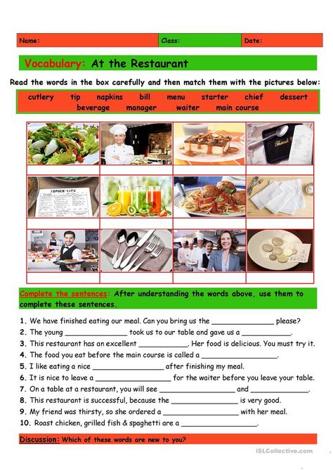 Vocabulary: At the Restaurant - English ESL Worksheets for distance learning and physical classrooms Restaurant Vocabulary English Worksheets, At The Restaurant Vocabulary, Restaurant Vocabulary English, Adult Worksheets, Restaurant English, English Restaurant, English Advanced, Meat Restaurant, English Lesson Plans