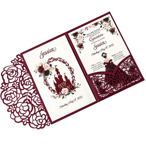 PRICES MAY VARY. Quinceanera invitations kit included: 100 blank quinceanera invitations inner sheets, 50 burgundy laser cut quinceanera invitations pockets, 50 white envelopes, 50 seals. Size of quinceanera invitations kit: 4.3 x 6.7 inch blank quinceanera invitation inners and 4.7 x 7 inch laser cut quinceanera invitation pockets with 5.3 x 7.6 inch white envelopes. Why you choose us: 15 years old is the best moment for a girl.Burgundy hollow rose symbolizes vitality, high-quality laser cuttin Burgundy Quinceanera, Blank Wedding Invitations, Quince Invitations, Red Quinceanera Dresses, Quinceanera Invitation, Quinceanera Themes, Wedding Invitation Kits, Cake Banner Topper, Invitation Kits