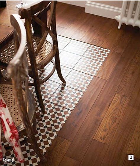 Tiled And Wooden Floor Kitchen, Wood And Tile Combination, Tile Insert In Wood Floor, Tiles And Wood Floor Transition, Tile To Wood Transition Kitchen, Wood To Tile Transition Kitchen, Wood And Tile Flooring Combination, Tile And Wood Floor, Dining Table Interior Design