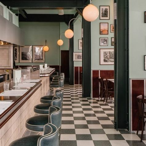 Checkerboard Floor, Italian Cafe, Green Facade, Italian Espresso, Espresso Bar, Italian Dining, Steel Columns, Yellow Interior, Spanish Design