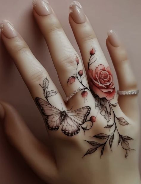 Girly Hand Tattoos, Tattoo Main, Hand Tattoo Ideas, Finger Tattoo For Women, Hand And Finger Tattoos, Beautiful Tattoos For Women, Pretty Hand Tattoos, Butterfly Tattoos For Women, Tattoos For Women Flowers