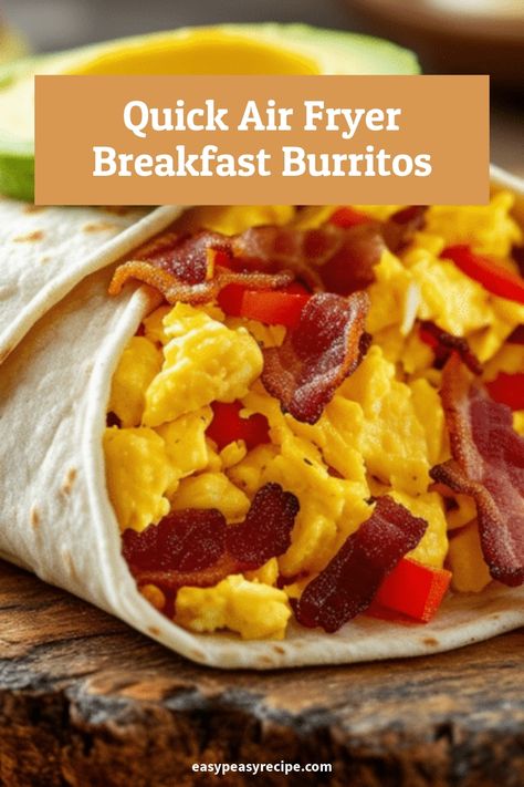 Breakfast burrito filled with scrambled eggs, crispy bacon, and red bell peppers on a wooden surface. Air Fryer Breakfast Burritos, School Cookies Recipe, Air Fryer Breakfast, Coffee Cake Recipes Easy, Easy Zucchini Recipes, Breakfast Burritos Recipe, Easy Peasy Recipes, Breakfast Wraps, Breakfast Routine