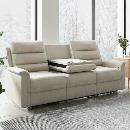 MUZZ 3-seater recliner sofa is a pleasantly styled and sturdy, it allows you to enjoy a relaxing for the head, back, lumbar, and legs. Its backrest and seat are upholstered in high elasticity cotton to provide you with a more comfortable feeling. No-sag spring support ensures your comfort for years and keeps the massage recliner is durable and beautiful. Perfect for living rooms, bedrooms, and theater rooms. Buyer Reading: Package Quantity: 4 Reclining BackrestThis recliner is a push-back recliner that allows you to lay back and relax after a long day. Just pull the handle on the inside of the armrest to recline the sofa and step on the footrest with your foot to return it.(Each seat can be controlled individually.) Modern and Function DesignWith the classic colors and modern design, this Sofa With Cup Holders, Theatre Style Seating, Reclining Sofa Living Room, Media Room Furniture, Media Room Seating, Pad Storage, Loveseat Recliners, Leather Sofa Chair, Recliner Couch