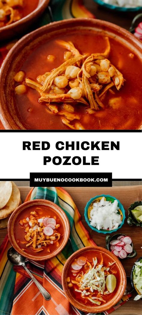 Red Chicken Pozole in two bowls. Pasole Recipe Chicken Red, Chicken Red Pozole Recipe, Red Chicken Posole Recipes, How To Make Chicken Pozole, Chicken Poloze Soup, Instant Pot Posole Chicken, Pasole Crockpot Recipe, Crock Pot Pozole Chicken, Chicken Pozole Recipe Easy