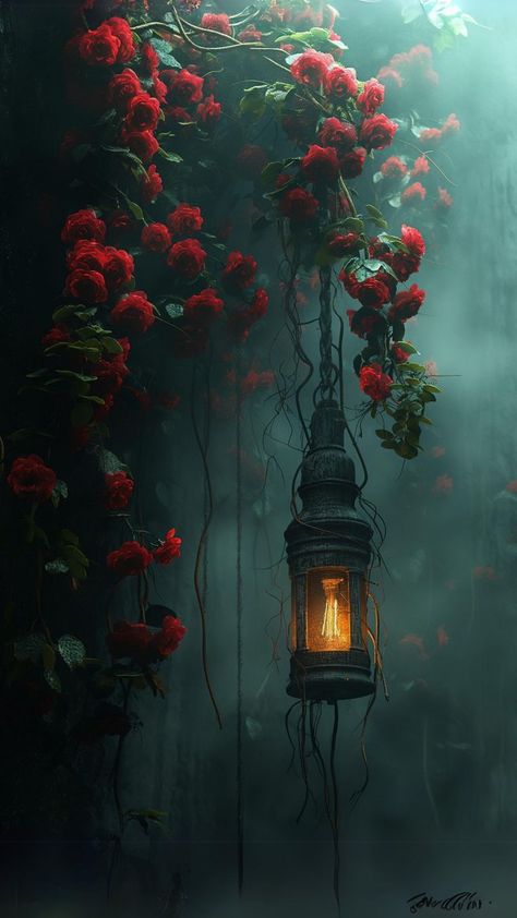 Haunting Beauty Aesthetic, Dark Beauty Aesthetic, Dark Painting Ideas, Lamps Illustration, Rose Flower Aesthetic, Roses Landscape, Darkness Illustration, Art Style Painting, Magical Plants