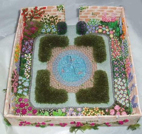 View from the back Canvaswork Embroidery, Embroidered Garden, Knot Garden, Stumpwork Embroidery, Stump Work, Embroidery Garden, Garden Embroidery, Raised Embroidery, Ribbon Work