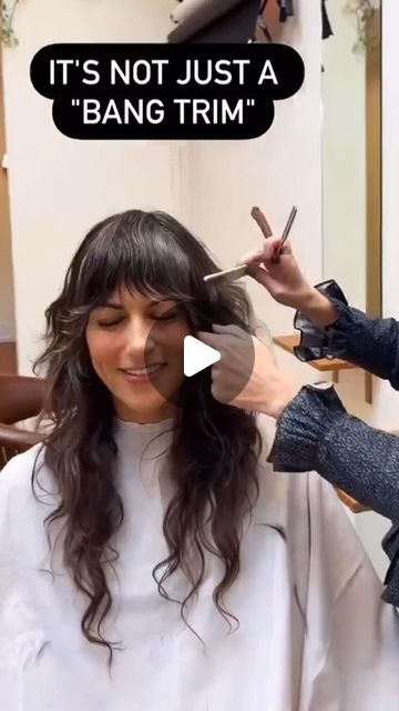 Jayne Matthews on Instagram: "We've been having a lot of conversations/ debates at my salon about bang trims. There's always been this understanding in our industry that "just a bang trim" means it's just a tiny bit of no big deal hair. Like an afterthought. Here's the deal. Bangs are the entire length of hair that grows from the top of your head down in front and on the sides of your face. Even if they are completely grown long they are still your bangs. It's a specific section of hair that happens to be the one that frames your beautiful face! Which means it's the most important And takes probably the most thought and work. Personally, I don't really believe in Bing trends. I always find I need to blend at least the top crown layers into them so it's not heavy and flat on top with a new Blend Bangs Into Long Hair, Shaggy Long Hair Side Part, Blend Bangs Into Hair, Styling Long Shag Haircut, Trimming Your Own Bangs, Thick Full Bangs, Style Bottleneck Bangs, Growing Out A Fringe Hairstyles, Lob Bangs Haircut