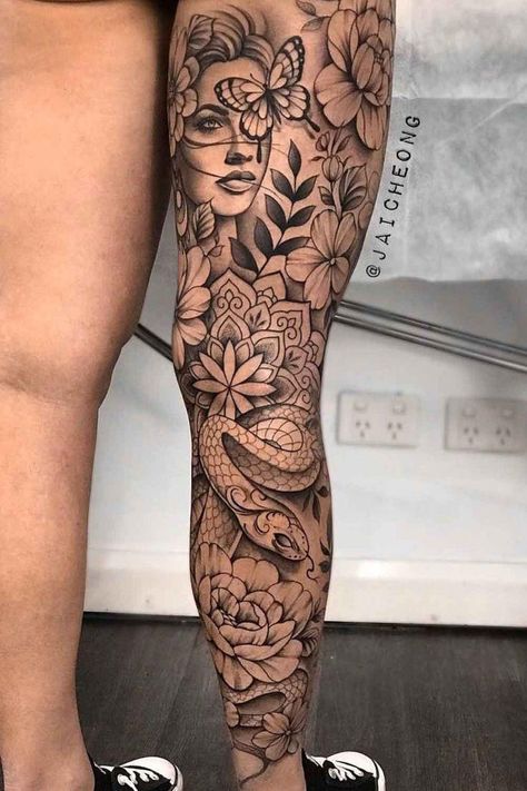 Women Full Leg Sleeve, Whole Leg Sleeve Women, Leg Sleeve Pieces, Dark Feminine Leg Sleeve, Women Back Leg Tattoo, Womens Leg Sleeve Tattoo Ideas, Female Full Leg Tattoos, Back Leg Sleeve Tattoo, Women With Leg Sleeves