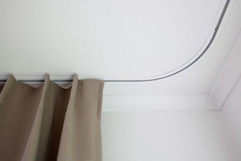 Ceiling Track Shower Curtain, Invisible Curtain Track, Hidden Curtain Track, Recessed Curtain Track, Vertical Blinds Makeover, Ceiling Mounted Curtain Track, Ceiling Mounted Curtains, Shower Curtain Track, Curved Curtain Rods