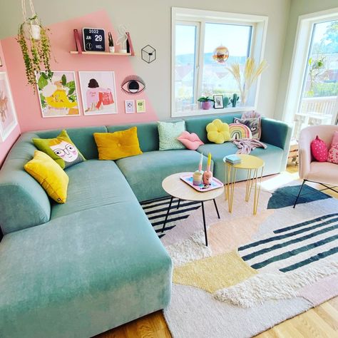 Ikea Yellow Chair, Pastel Living Room Ideas, Best Greige Paint, Best Greige, Yellow Side Table, Pastel Living Room, Greige Paint, Colorful Apartment, House Dream