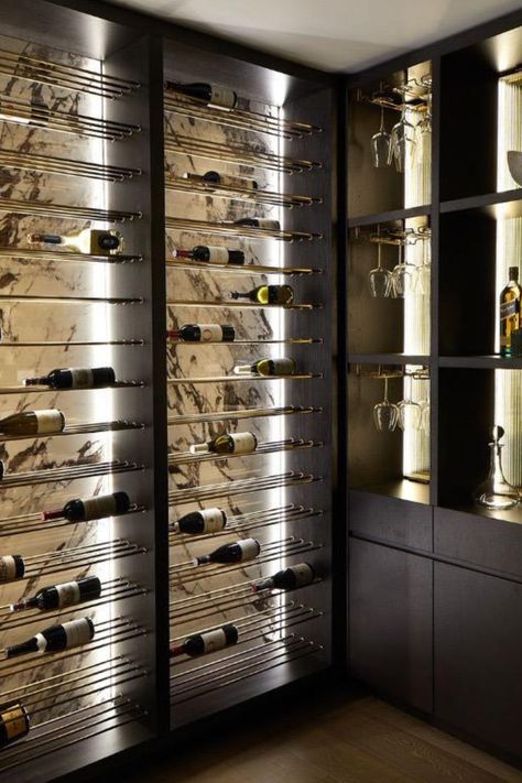 Wine Wall In Pantry, Residential Wine Wall, Home Wine Cellars Small, Dining Room Wine Wall, Wine Room Ideas In House, Wine Cellar Architecture, Drinking Room, Bar Wall Design, Wine Cellar Small