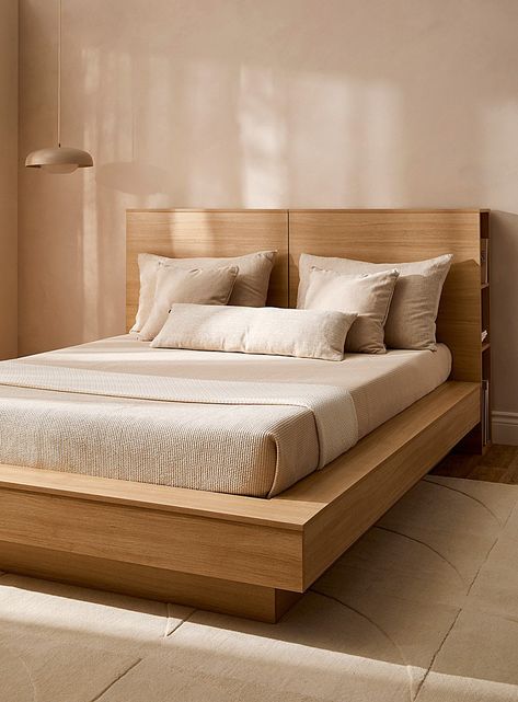 Plyboard Bed Design, Bed Frame High Off Ground, Aesthetic Queen Size Bed, Bedroom Inspo Wooden Bed, Oak Headboard Bedroom, Headboards For Beds Wood, Wood Bed Frame Aesthetic, Wood Bed Decor, Bed With Rug