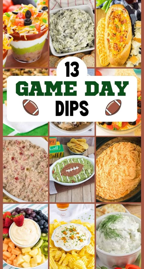 The best game day dips for your big game party! 13 Hot and cold dip recipes perfect for football season parties and big game celebrations. Dip Football Party, Super Bowl Party Food Dip, Gameday Dip Recipes, Easy Superbowl Dip, Football 7 Layer Dip Super Bowl, Super Bowl Chips And Dip, Football Bean Dip, Best Chips And Dip, Dip For Football Games