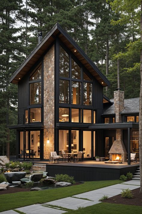 Modern House Exterior with Stone Wall and Fireplace - Design Ideas AI Dark House With Stone, Black Wood And Stone House Exterior, House In Pine Forest, Dark Color House Exterior, A Shaped House, Modern Stone Cottage, Dark Mountain House, Black House With Cedar Accents, Different House Aesthetics