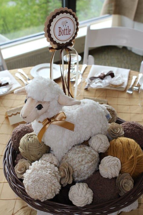 Centerpieces are yarn balls and lamb in baskets Sheep Centerpieces, Lamb Centerpieces, Lamb Baby Shower Theme, Baby Lamb Baby Shower, Eid Crafts, Yarn Balls, Baby Sheep, Ramadan Crafts, Baby Lamb