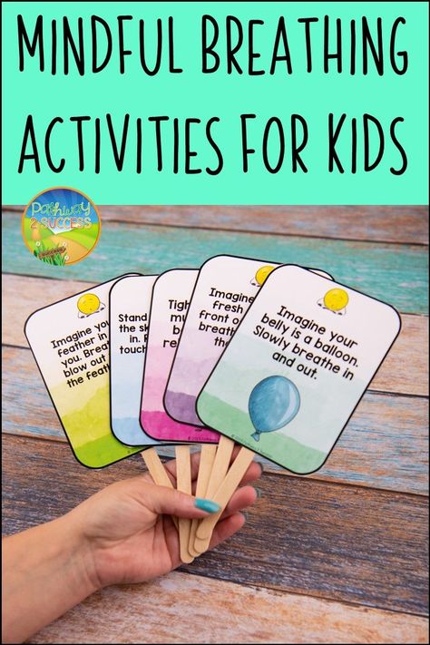 Mindful breathing is the practice of thinking about our breathing as we breathe. While this seems really simple, it's an effective strategy for self-regulation that we can teach kids and teens! Students can use some of these simple breathing exercises to help them cope with stress and manage emotions. #pathway2success Give A Ways Ideas, Preschool Breathing Activities, Mindful Breathing Exercises, Preschool Breathing Exercises, Mindfulness Lessons For Elementary, Breathing Stick, Breathing Activities For Kids, Breathing Visuals, Mindful Breathing Cards