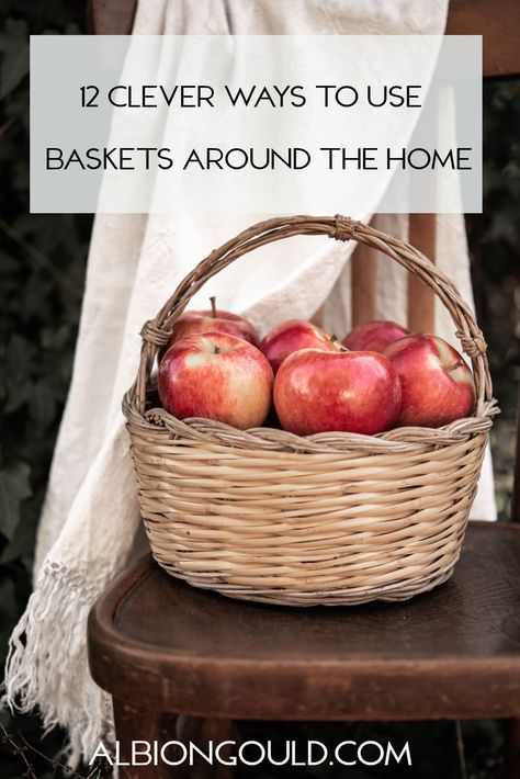 Baskets are so versatile--they're both functional and decorative. Here are some clever ways to use baskets around the home! What To Use Baskets For, Shallow Basket Decor, Kitchen Basket Decor, Basket Fillers Decor Living Rooms, Baskets Under Bench, What To Put In Baskets For Decor, Floor Basket Decor Ideas, How To Decorate With Baskets, Uses For Baskets