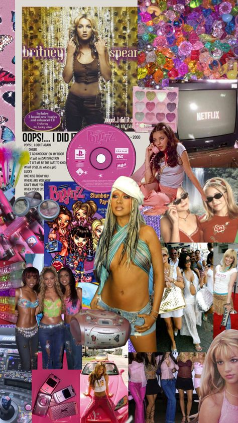 The Bratz Aesthetic, Year 2000s Aesthetic, Party Y2k Aesthetic, Y2k 2000s Aesthetic Wallpaper, Y2k Inspiration Board, 2000 Pop Aesthetic, Y2k Aesthetic Bratz, Yk2 Trashy Aesthetic, 2000s Hollywood Aesthetic