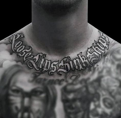 Collar Bone Lettering Tattoo, Old English Neck Tattoo, Back Lettering Tattoo Men, Tattoos On Chest Men, Chest Word Tattoos For Men, Chest Lettering Tattoo Men, Stomach Lettering Tattoos Men, Collar Tattoo Men, Neck Lettering Tattoo