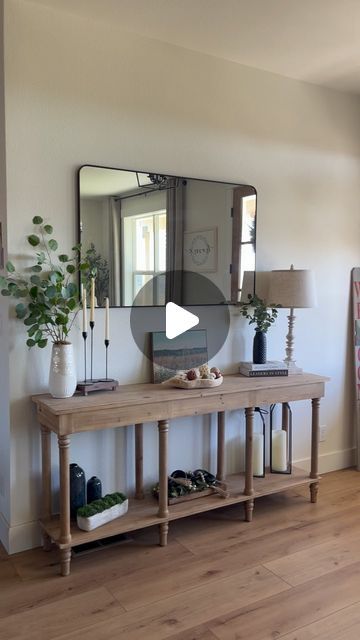 @HilltopHomestead on Instagram: "I love the open feel of our entryway. I’m so glad we decided to remove the wall that was on the original floor plan separating the foyer and dining room. 

Taking this wall out ensured we didn’t have a cramped feeling in the dining room. There’s always room for one more chair at the dinner table now! 

.
.
.
.
#foyer #entryway #entrywaydecor #foyerdecor #entrywaytable #diningroom #diningroomdecor #diningroomdesign #consoletable #consoletabledecor #modernfarmhouse #frontdoor #cairooak #coretec #idahome" Dining Room Entryway Combo, Entryway Dining Room, Console Table Decorating, Foyer Entryway, Front Entryway, Foyer Decor, The Dining Room, The Dinner, Dining Room Design