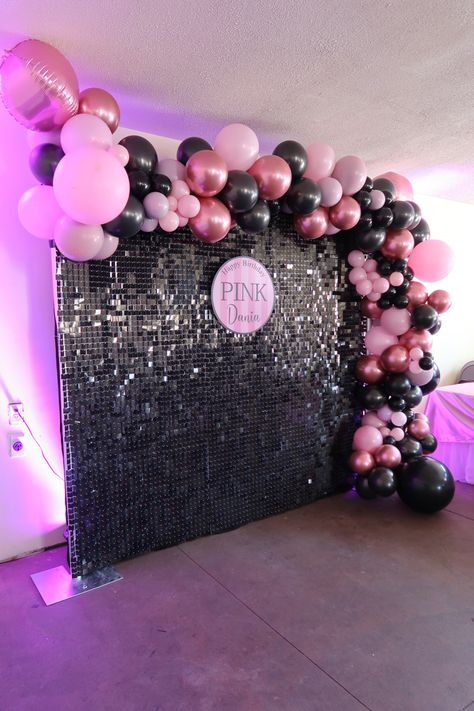 Pink backdrop pink party black background sequin backdrop Pink Black Silver Balloon Garland, 18th Birthday Party Ideas Decoration Black And Pink, Black Pink Birthday Decorations, Black And Pink 50th Birthday Party, Pink Black And Gold 40th Birthday Party, Pink And Black Theme Birthday Party, 18th Birthday Party Ideas Pink And Black, Black Pink Party Theme, All Black Backdrop Ideas