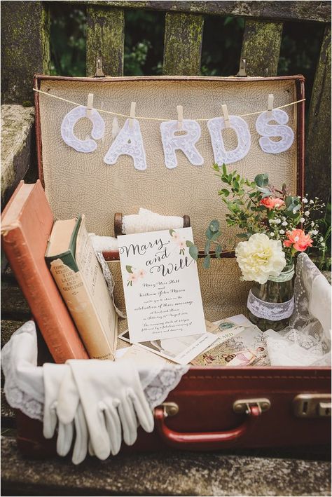 Vintage suitcase wedding card post box - Victoriana-esque Bridal & Wedding Accessories: Extra Special Touch Wedding Card Box Sign, Vintage Suitcase Wedding, Wedding Card Post Box, Wedding Post Box, Gift Table Wedding, Vintage Wedding Cards, Wedding Bunting, Macrame Wedding, Card Table Wedding