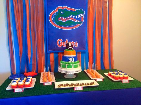 Florida Gators Football Party Dessert Table Football Party Desserts, Gator Party, Trunk Party, Florida Gators Football, Gators Football, Graduation Party Planning, Football Birthday Party, Florida Gator, Party Dessert Table